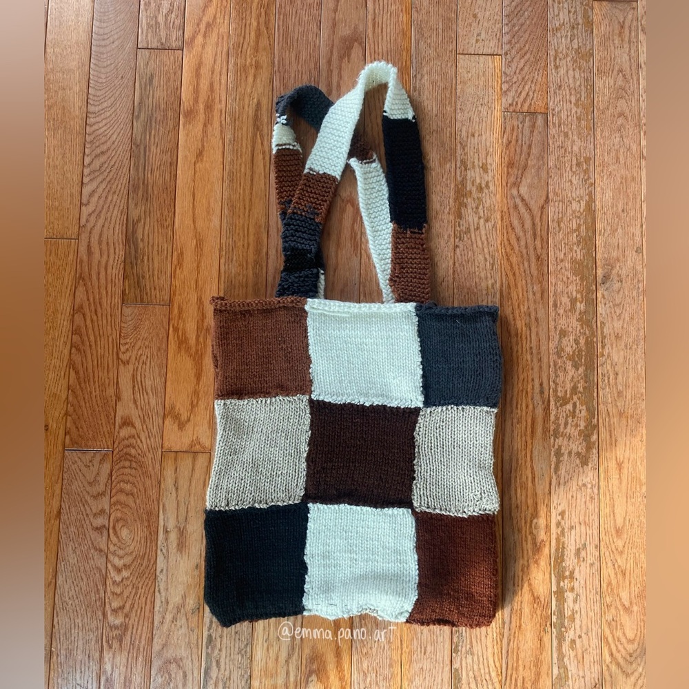 brown white cream black checkered knit tote bag